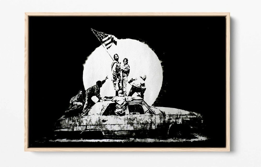 BANKSY FLAGS -FLOAT EFFECT CANVAS WALL ART PIC PRINT- BLACK & WHITE