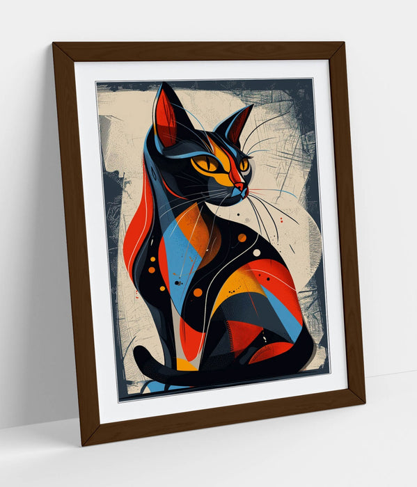 Abstract Cat Wall Art – Framed Blue Red Art, Contemporary Decor Poster Print