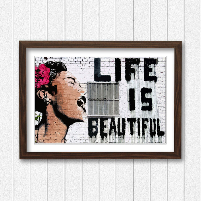 Banksy Framed Poster - Life Is Beautiful Print, Handmade UK Art, Wood Grain Frame