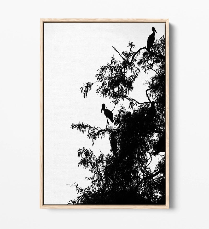 Canvas Wall Art – Bird Silhouette on Tree | Handmade Float Effect Frame, Premium Varnish Finish