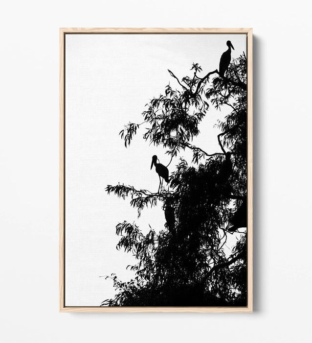 Canvas Wall Art – Bird Silhouette on Tree | Handmade Float Effect Frame, Premium Varnish Finish