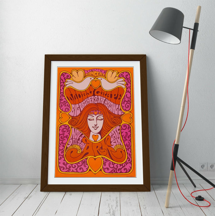 Vintage Music Poster – Psychedelic Wall Art With Woodgrain Frame & Archival Ink Print