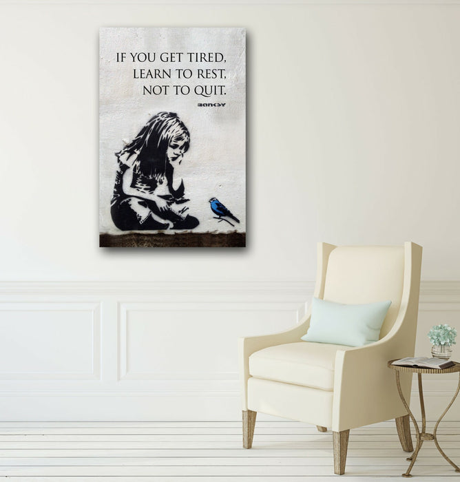 BANKSY GIRL BLUE BIRD QUOTE LEARN TO REST CANVAS WALL ART PRINT GRAFFITI PORT