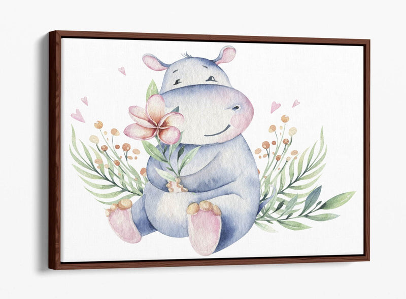 Watercolour Hippo Canvas - Cute Animal Print Floral Wall Art with Float Effect