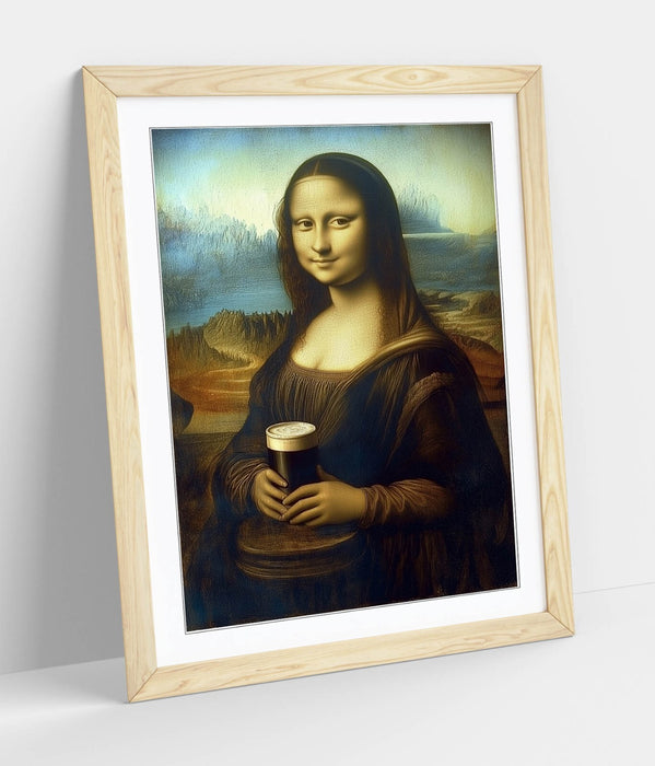 Funny Framed Wall Art – Mona Lisa Holding Pint of Stout | Handmade UK Poster Print