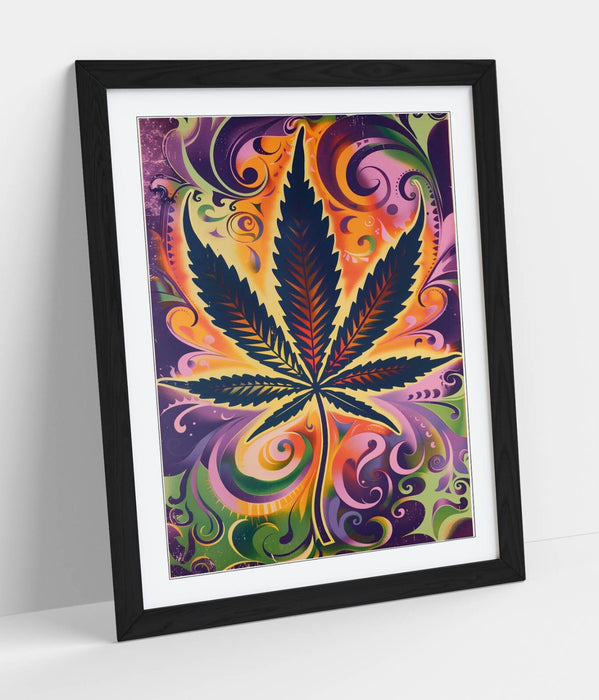 Weed Leaf Wall Art - Funky Multi Colour Framed Poster | Contemporary Decor