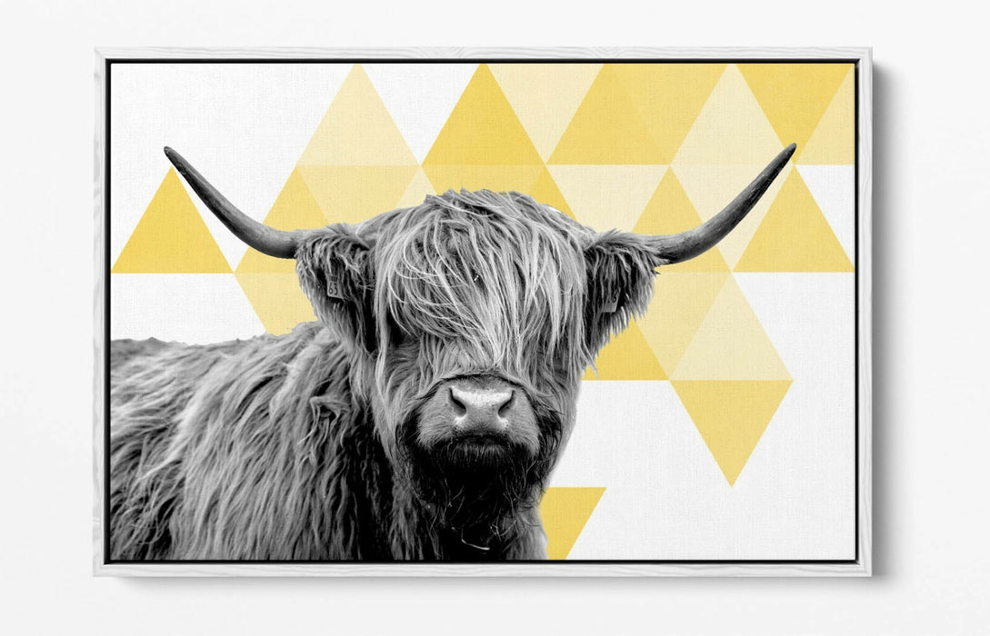 HIGHLAND COW YELLOW SPARSE GEOMETRIC -FLOAT EFFECT CANVAS WALL ART PIC PRINT