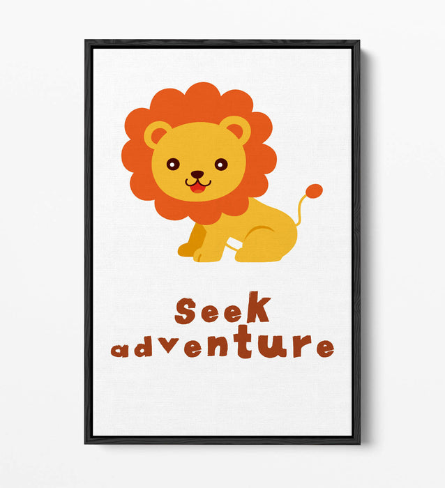 "SEEK ADVENTURE" LION QUOTE KIDS ROOM SLOGAN -FLOAT EFFECT CANVAS WALL ART PRINT
