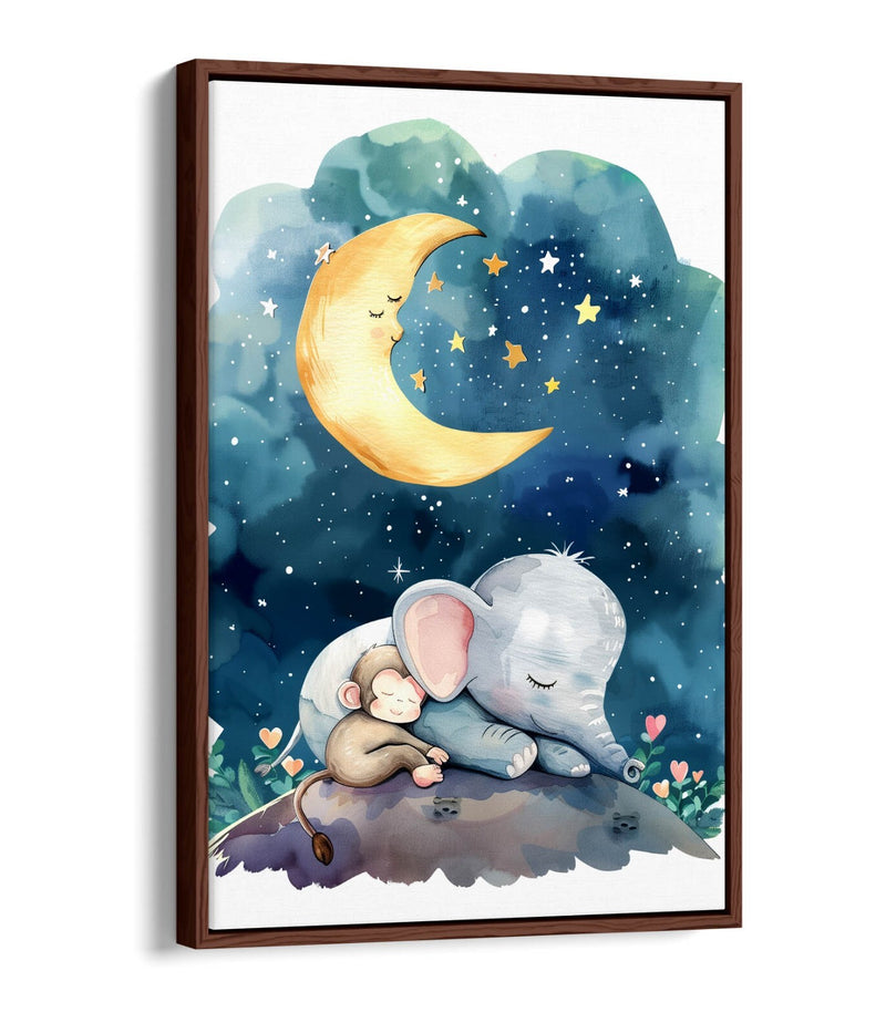 Kids Bedroom Canvas Art - Cute Elephant Monkey Print | Handmade Float Effect Wall Art