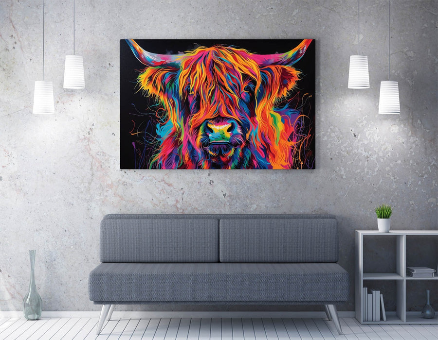 COOL MULTI COLOUR HIGHLAND COW CONTEMPORARY CANVAS WALL ART PICTURE PRINT