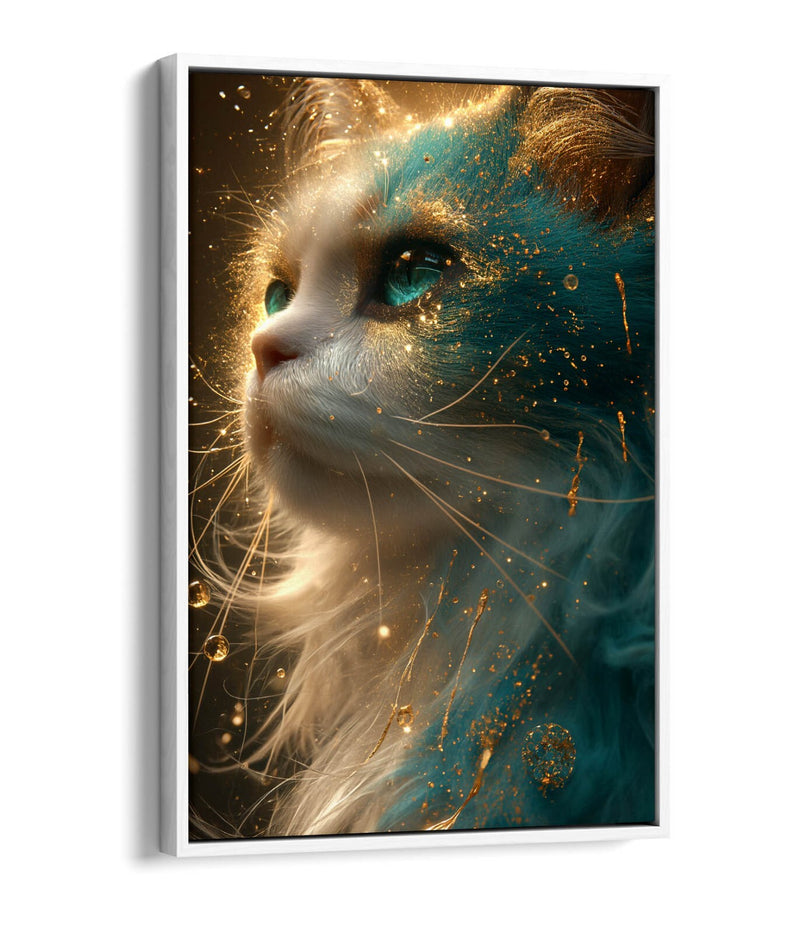Glowing Cat Canvas Art – Blue Gold Artwork | Float Effect Canvas Print