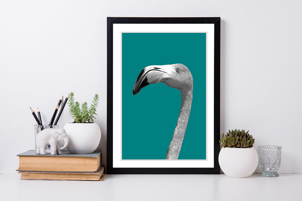 FLAMINGO BLACK AND WHITE TEAL FRAMED POSTER WALL ART PRINT ARTWORK DESIGN