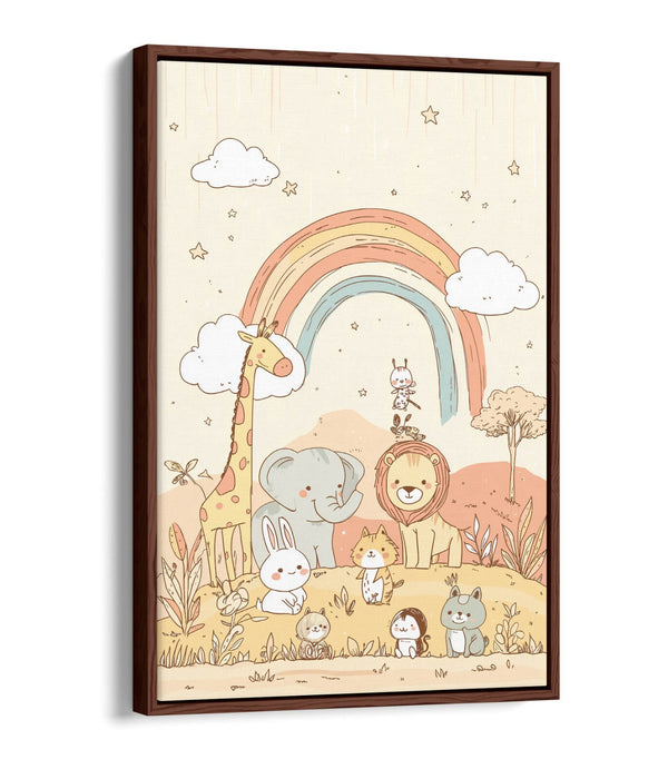 Pastel Canvas Wall Art - Cute Animal Artwork With Rainbow Float Effect Frame