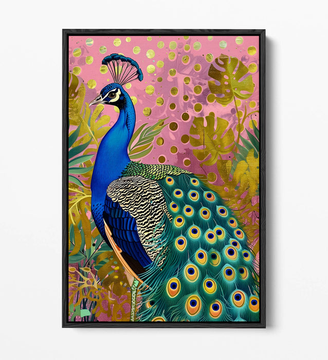 Peacock Canvas Art - Multi Colour Portrait With Float Effect Frame, Ready To Hang