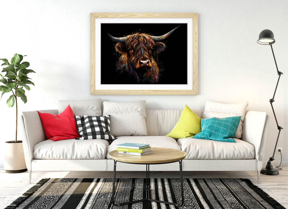 Highland Cow Wall Art - Framed Splash Art Print With Black Background Decor