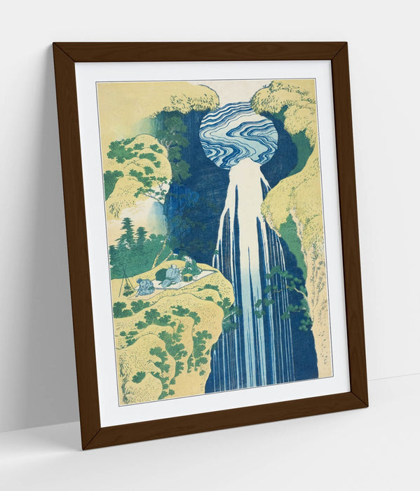 Framed Art Poster – Hokusai Amida Falls Artwork with Wood Grain Frame, Matte Paper Print