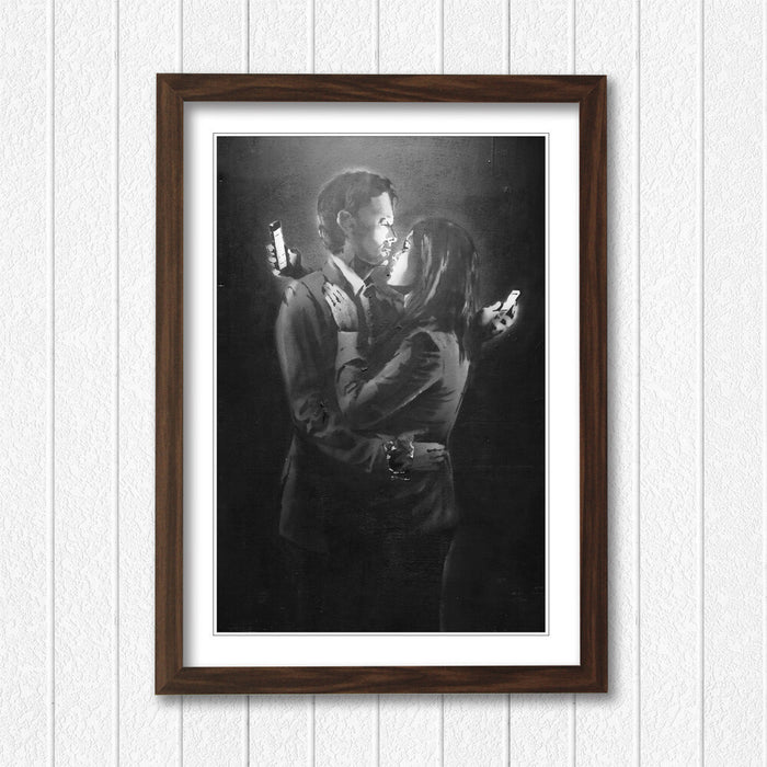 Banksy Framed Poster – Mobile Lovers Artwork | Urban Street Art Print | Ready To Hang Frame