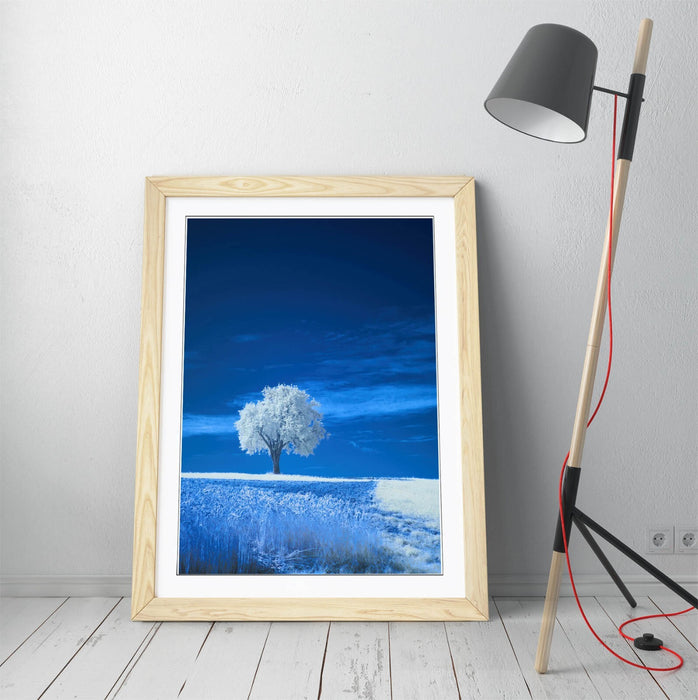 Framed Wall Art - Abstract White Tree Poster in Blue Landscape | Handmade Decor
