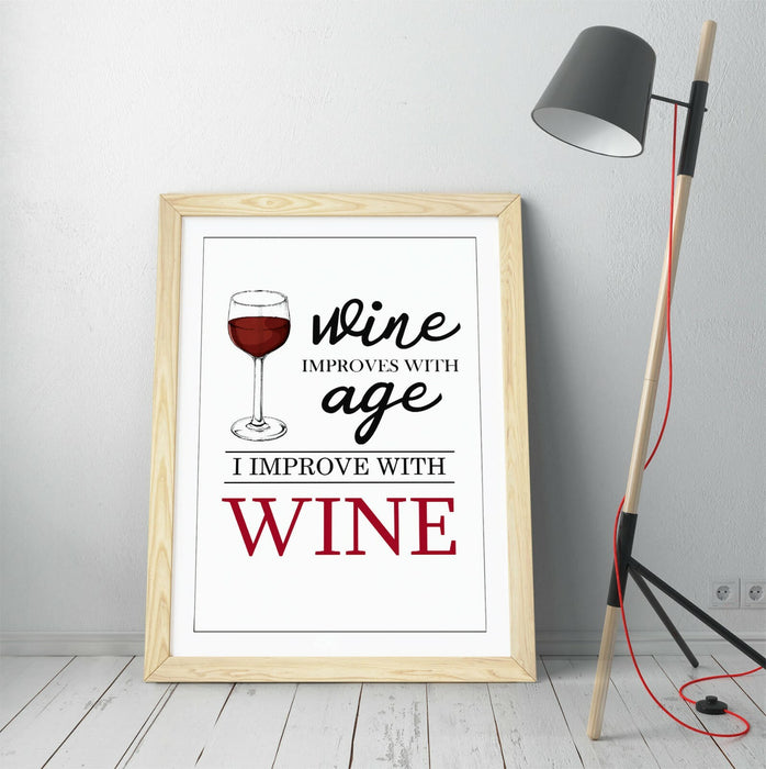 "I IMPROVE WITH WINE" HOME QUOTE SLOGAN -FRAMED WALL ART PICTURE PRINT