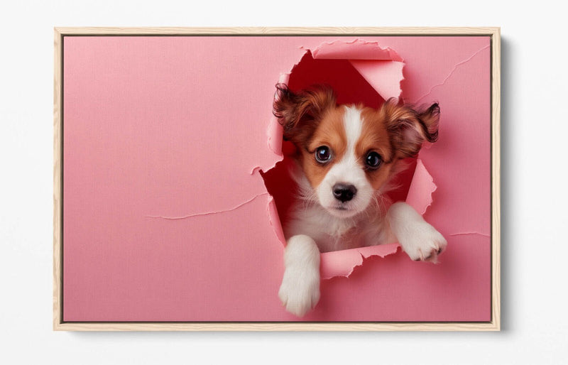 Puppy Canvas Art - Cute Puppy Print On Pink Wall Decor | Float Effect Canvas