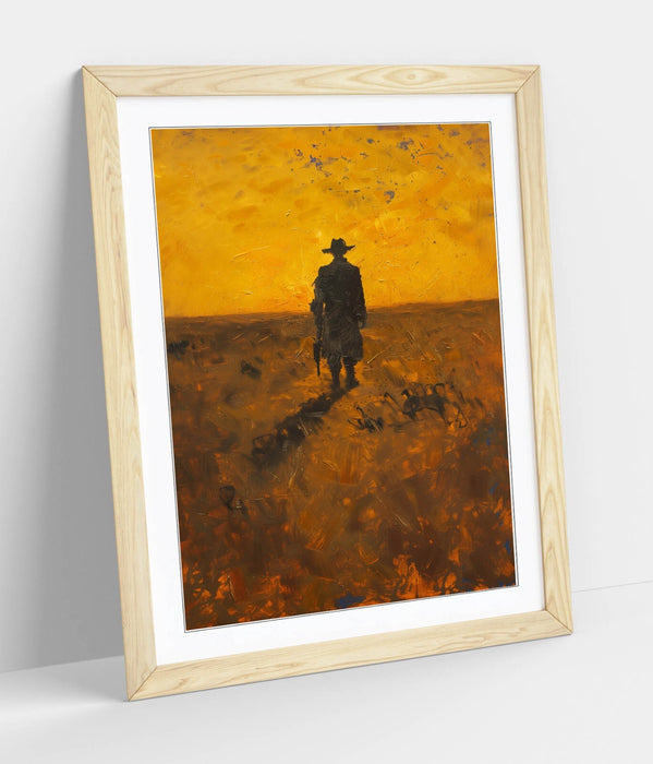 Framed Wall Art - Wandering Cowboy Sunset Landscape Print | Rustic Woodgrain Frame