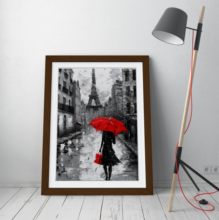 Red Umbrella Wall Art – Paris City Poster | Framed Black & White Decor Print