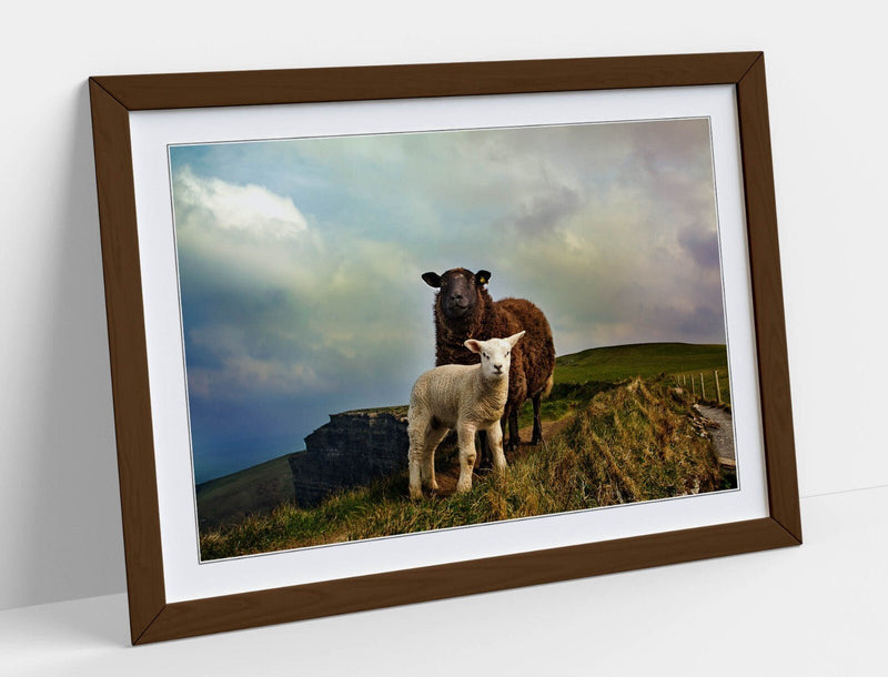 Irish Sheep Wall Art – Framed Mountain Landscape Print With Woodgrain Frame