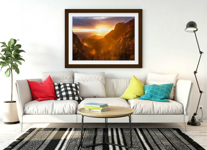 Framed Art Poster - Forest Sunset Print With Natural Wood Frame, Yellow Purple