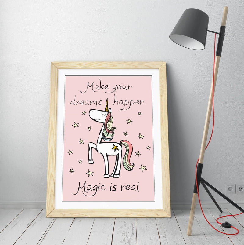 Pink Unicorn Poster - Cute Kids Wall Art | Framed Art Print With Matte Paper