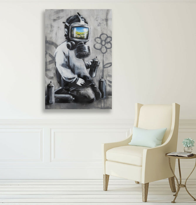 BANKSY GAS MASK BOY CANVAS WALL STREET ART PRINT GRAFFITI ARTWORK FRAMED