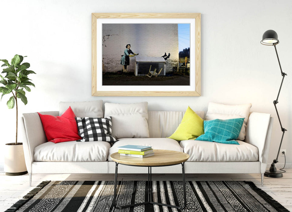 Banksy Framed Wall Art – Valentine's Day Graffiti Poster Print with Woodgrain Frame