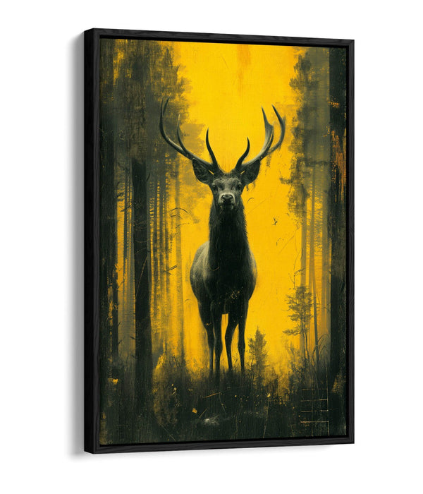 Stag Canvas Art – Black Yellow Silhouette on Float Effect Frame | Wildlife Wall Art