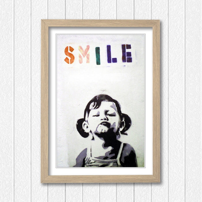 Banksy Smile Kid Poster - Framed Art Print With Woodgrain Frame Design
