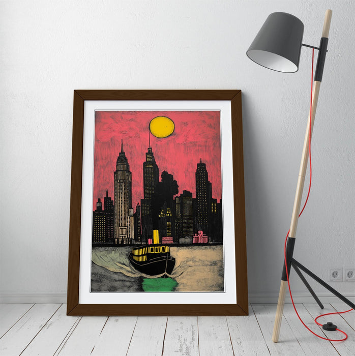 Framed Wall Art Poster – Pink River Steamboat Print With Wood Grain Frame