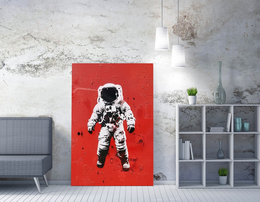 Astronaut Stencil Canvas – Graffiti Style Print on Red Background Art