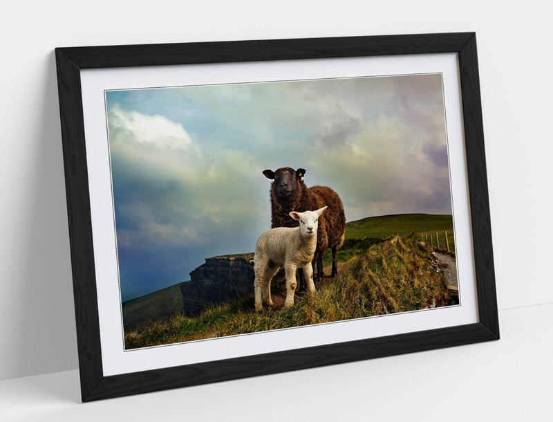 Irish Sheep Wall Art – Framed Mountain Landscape Print With Woodgrain Frame