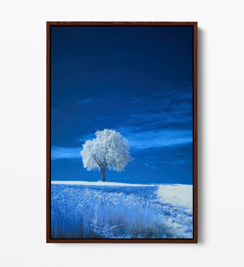 Canvas Wall Art – Abstract White Tree Painting in Blue Landscape | Float Effect Canvas Print