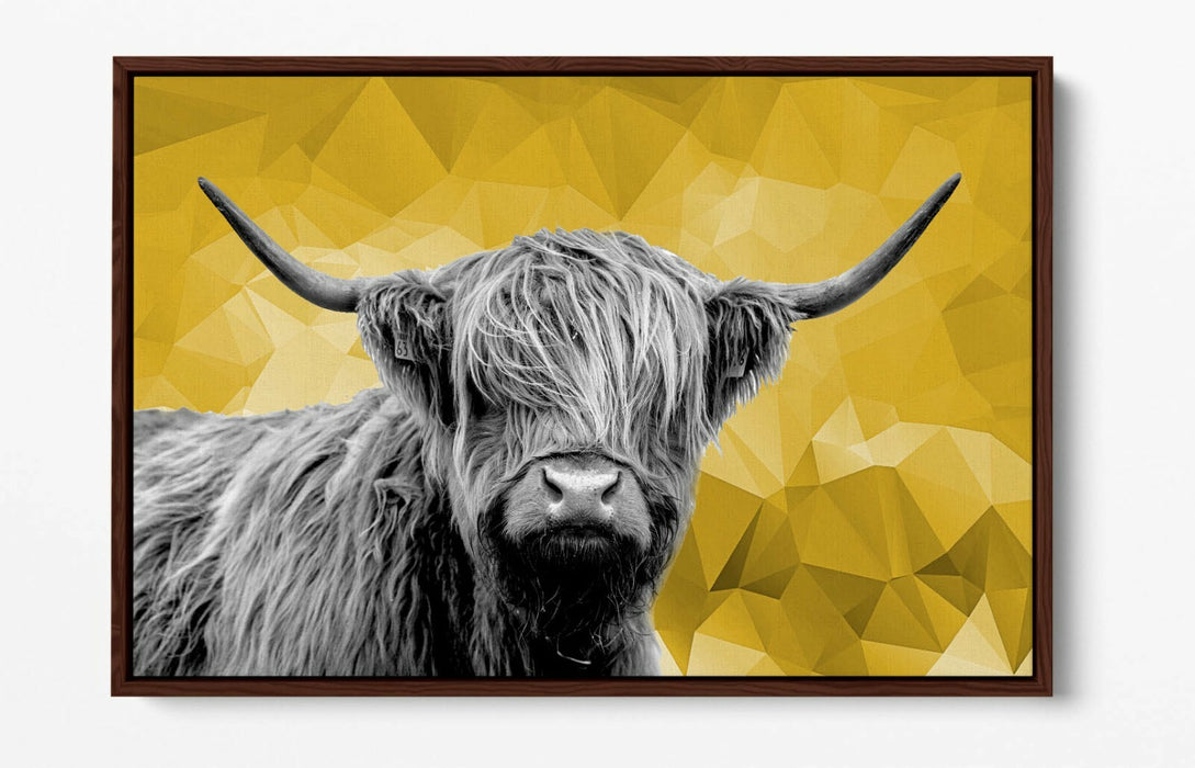 HIGHLAND COW MUSTARD YELLOW GEOMETRIC -FLOAT EFFECT CANVAS WALL ART PIC PRINT-