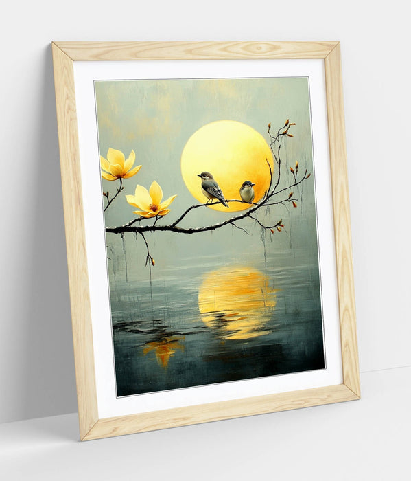 Framed Wall Art - Pretty Birds Perched on Tree Over Water Scene Artwork Print