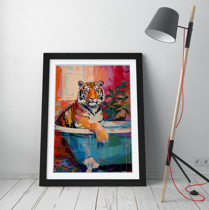 Framed Wall Art - Multi Color Tiger Print in Woodgrain Frame | Handmade UK Poster