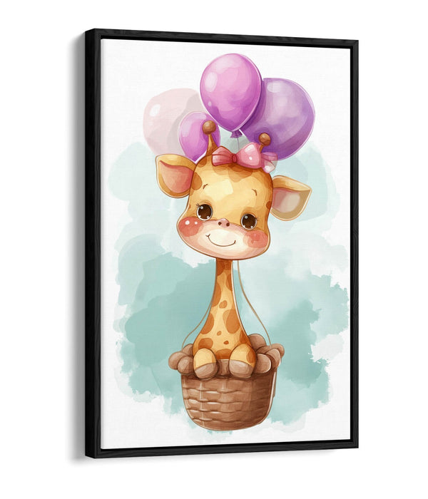Giraffe Canvas Art – Cute Hot Air Balloon Kids Bedroom Decor | Float Effect Print