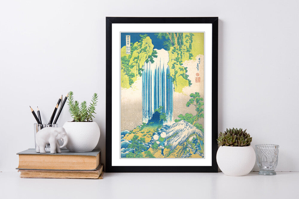 Hokusai Waterfall Art – Framed Japanese Art Print With Woodgrain Frame
