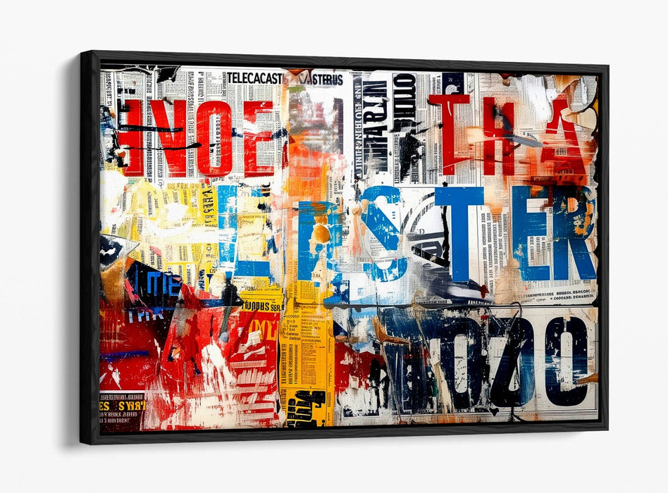 Float Effect Canvas Art – Abstract Newspaper Collage Graffiti Print on 30mm Deep Frame