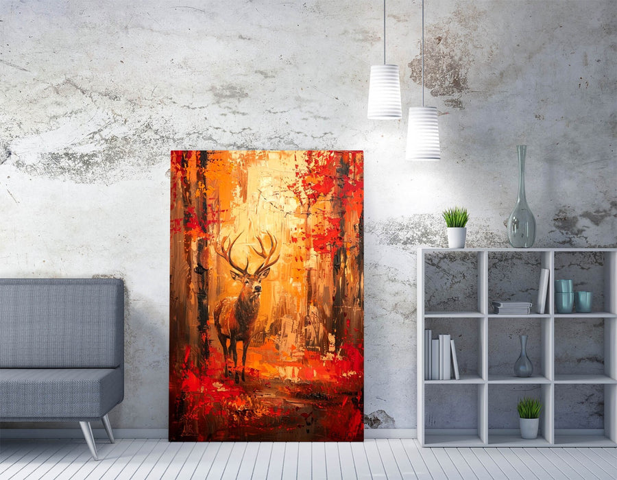 Canvas Wall Art - Deer In Forest Sunrise Orange Red Contemporary Print