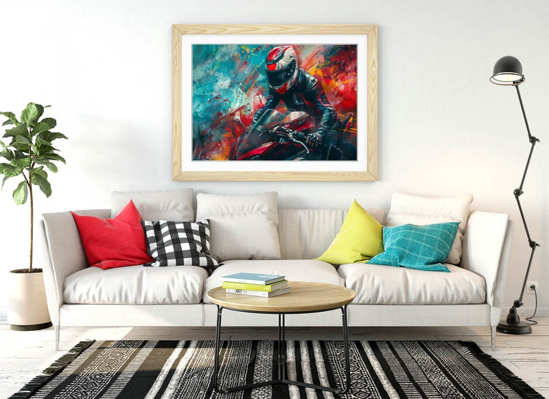Framed Wall Art Poster – Motorcycle Graffiti Art Print With Woodgrain Frame