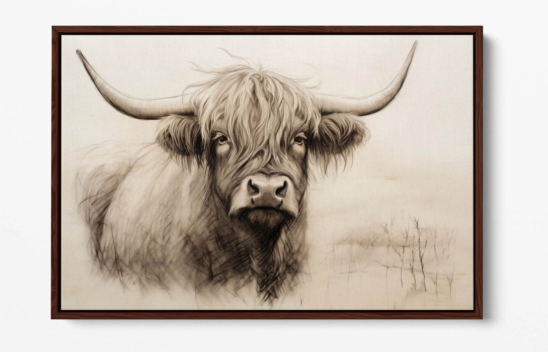 Highland Cow Canvas - Charcoal Sketch Print | Float Effect Wall Art With Premium Varnish
