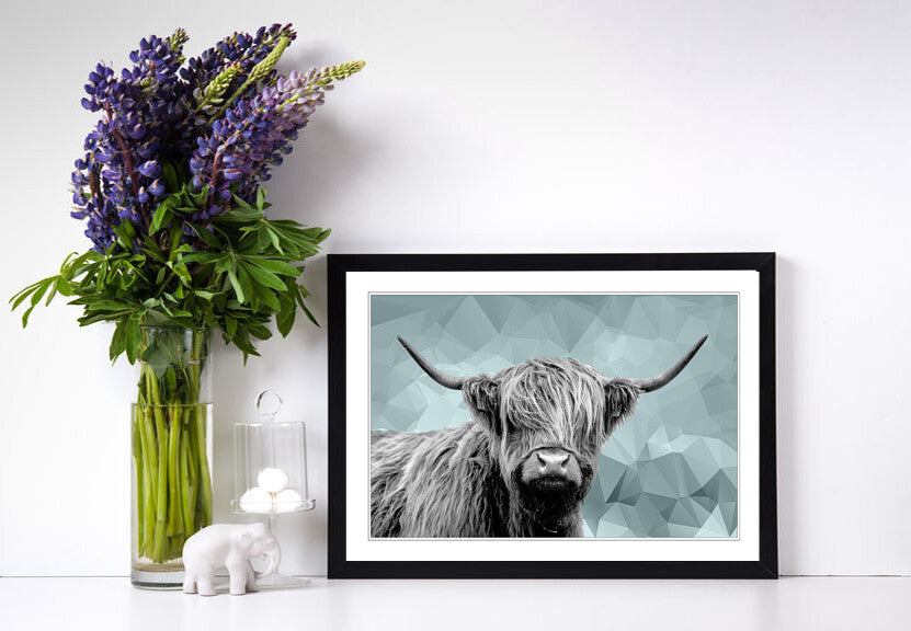 HIGHLAND COW BLACK AND WHITE DUCK EGG BLUE GEO FRAMED POSTER WALL ART PRINT