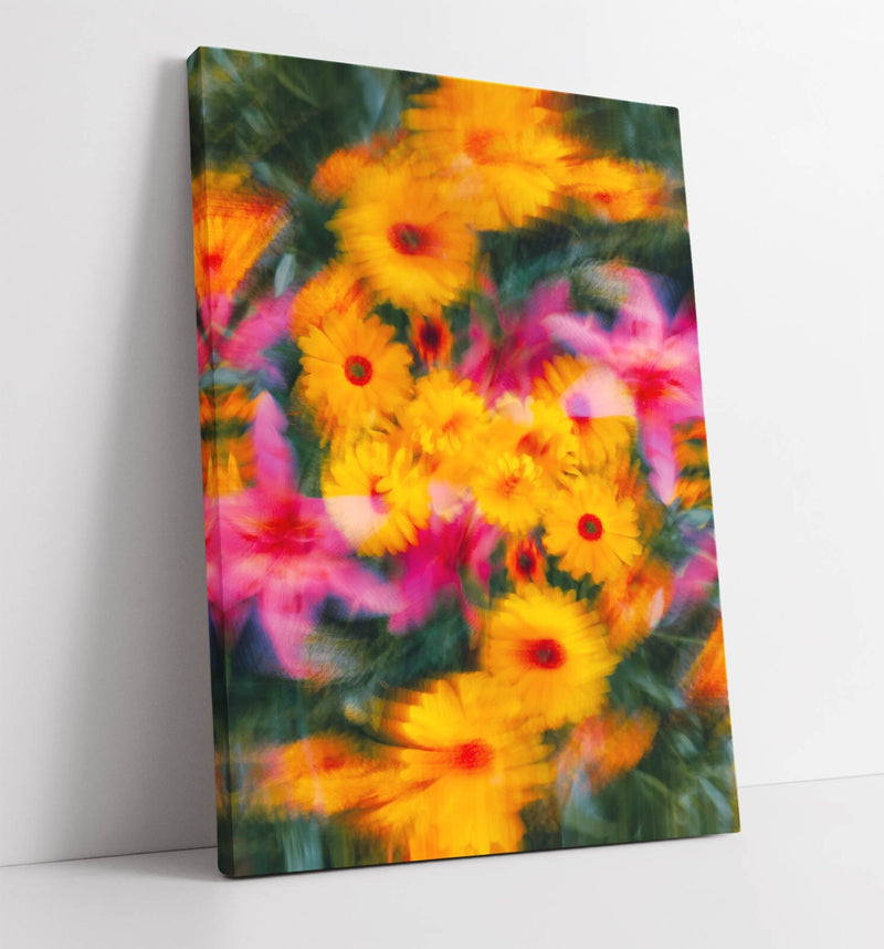 Canvas Wall Art - Colourful Blurred Yellow Pink Flowers Floral Print Ready To Hang