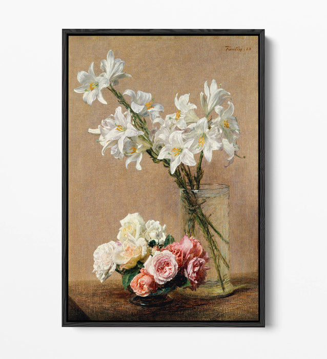 Float Effect Canvas Art - Henri Fantin-Latour Roses And Lilies Print On Premium Frame