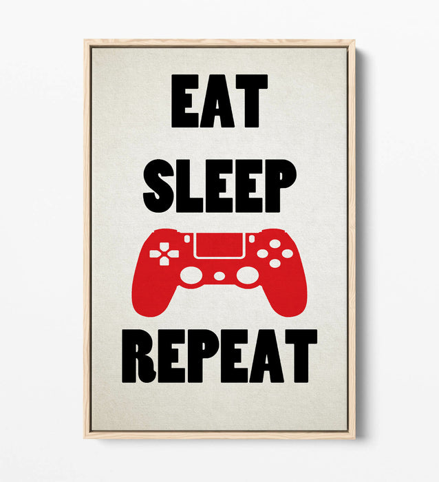 "EAT SLEEP GAME REPEAT" FUNNY GAMER QUOTE -FLOAT EFFECT CANVAS WALL ART PRINT